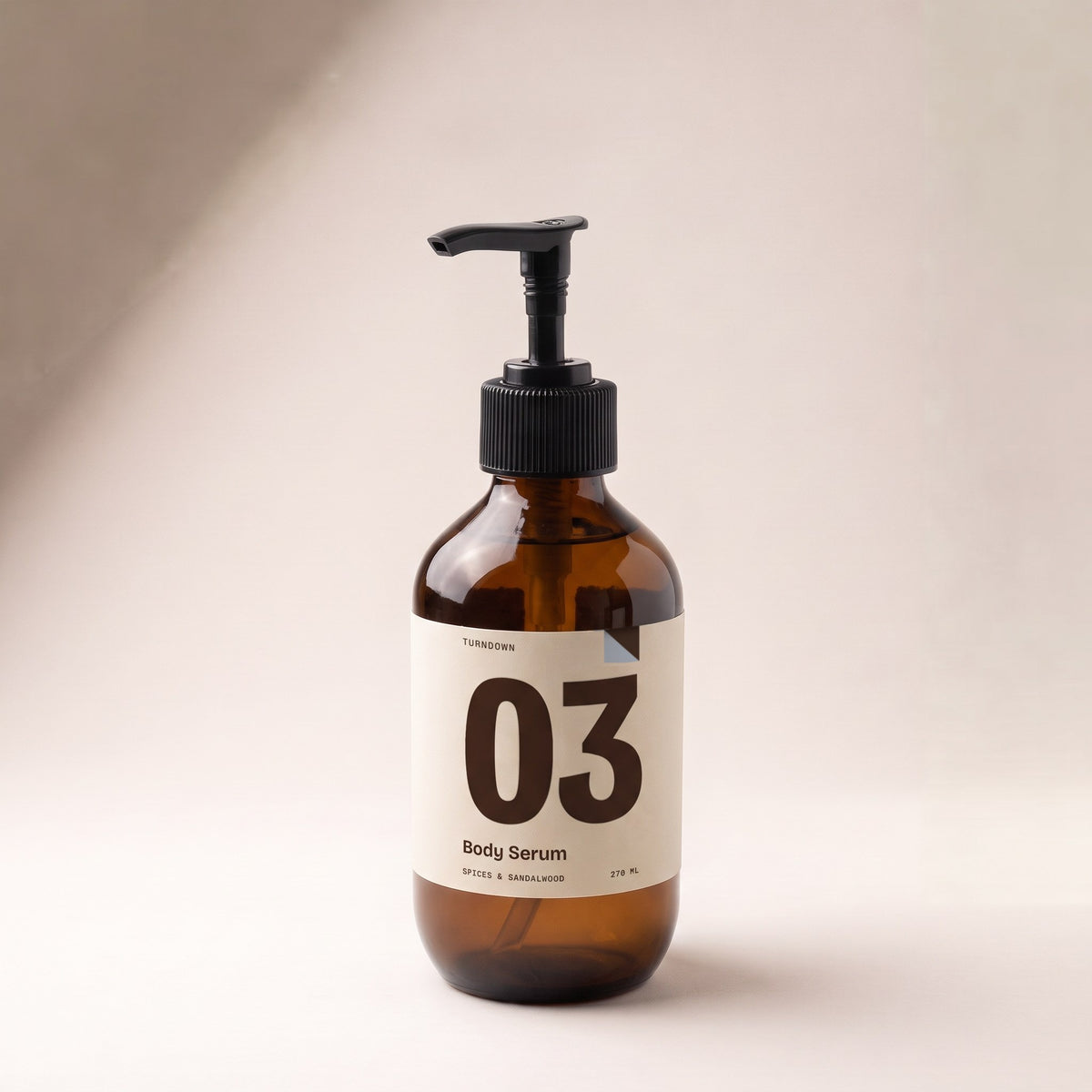 TURNDOWN No. 03 Body Serum, 270 ml amber pump bottle, front