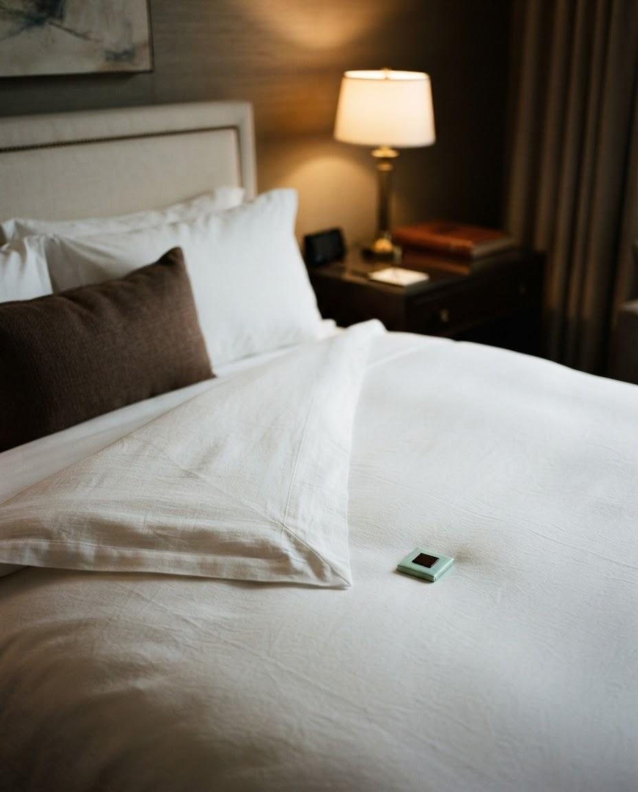 Hotel bed with the duvet corner folded back and a chocolate on the pillow